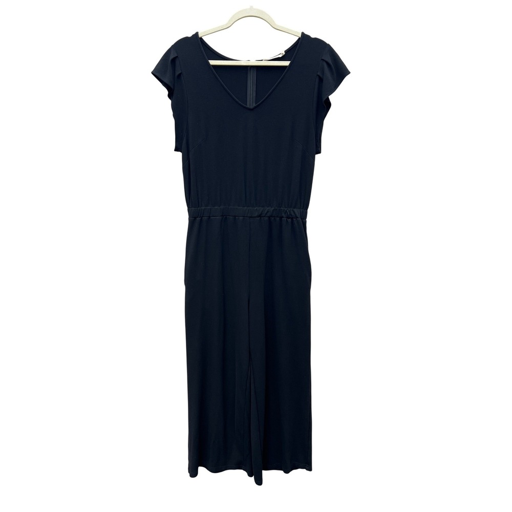 ELLISON Black Jumpsuit‎ V Neck Flutter Short Sleeve Stretchy Wide Leg M Party